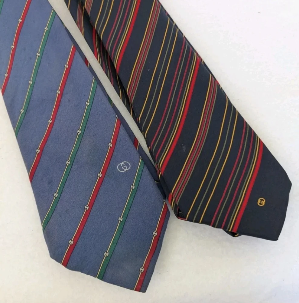 2 Vintage Gucci Silk Blue Striped Logo Neckties Made In Italy FLAWED STAINED
